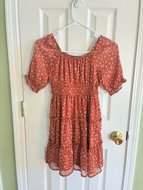 Trixxi Rust Red Floral Puff Sleeve Tiered Dress